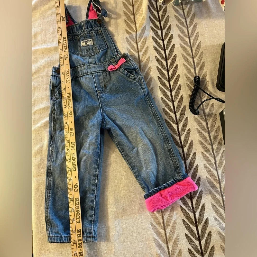 Vintage Osh Kosh B’ Gosh Overalls Denim Jeans Pink Fleece Lining Toddler Size 2T